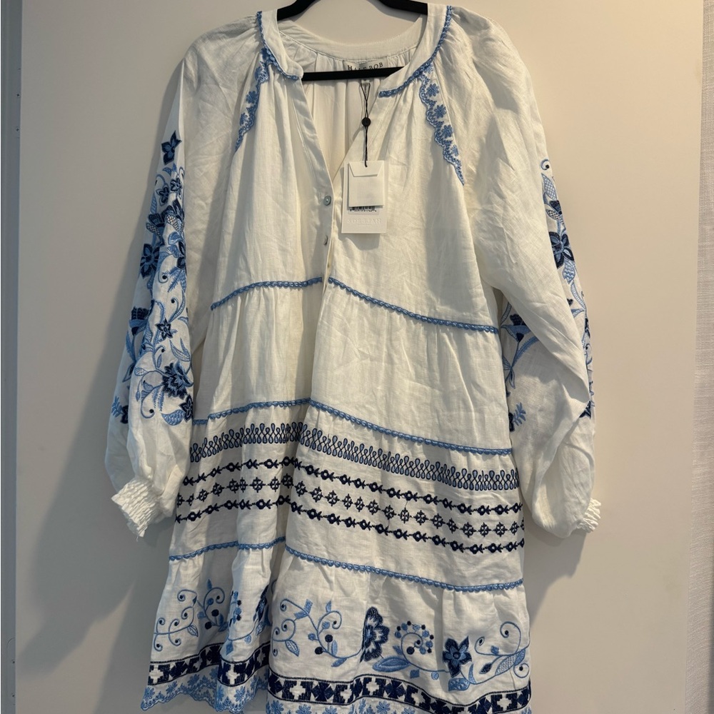 Hale Bob White and Blue Long Sleeve Dress NWT